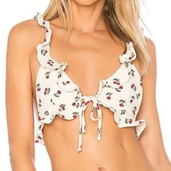 Mon Cheri Ruffle Bikini Top in Ivory Cherry - Size Small - Picture 1 of 6